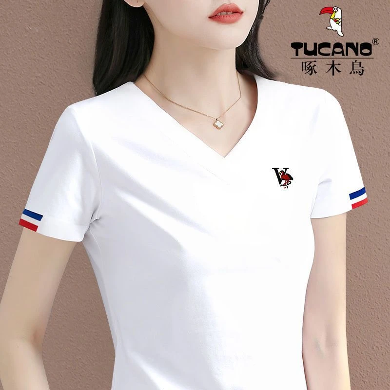 啄木鸟正品女装2025年夏季新款薄款印花小罗纹V领短袖纯棉休闲T恤