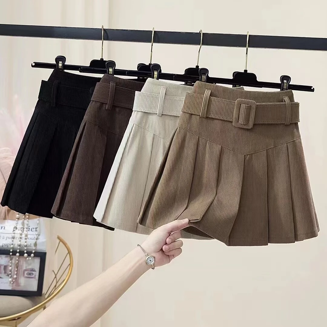 复古灯芯绒百褶裙秋冬2025新款高腰A字半身裙学院风甜美百搭短裙