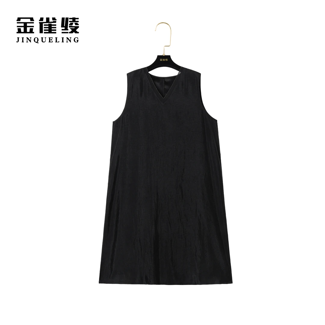 金雀绫【黑松露】新款气质V领休闲无袖女装连衣裙AL6070