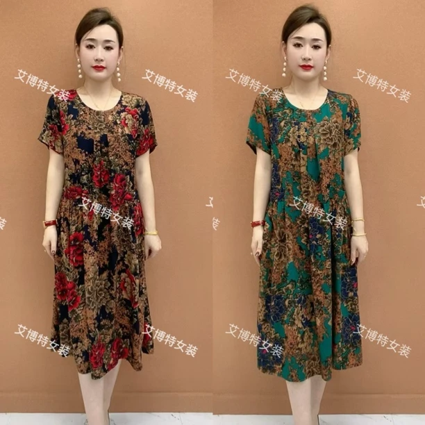 专柜连衣裙女夏季中老年妈妈文艺复古印花短袖收腰显瘦中长款裙子