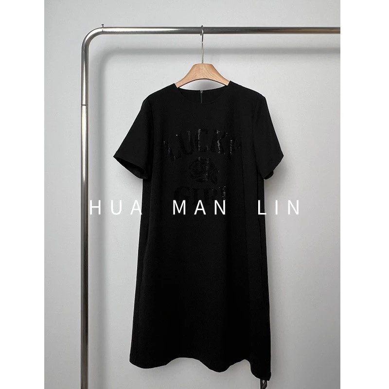 【花滿林】圆领高温烫钻重磅乱麻醋酸短袖中长款上衣8265