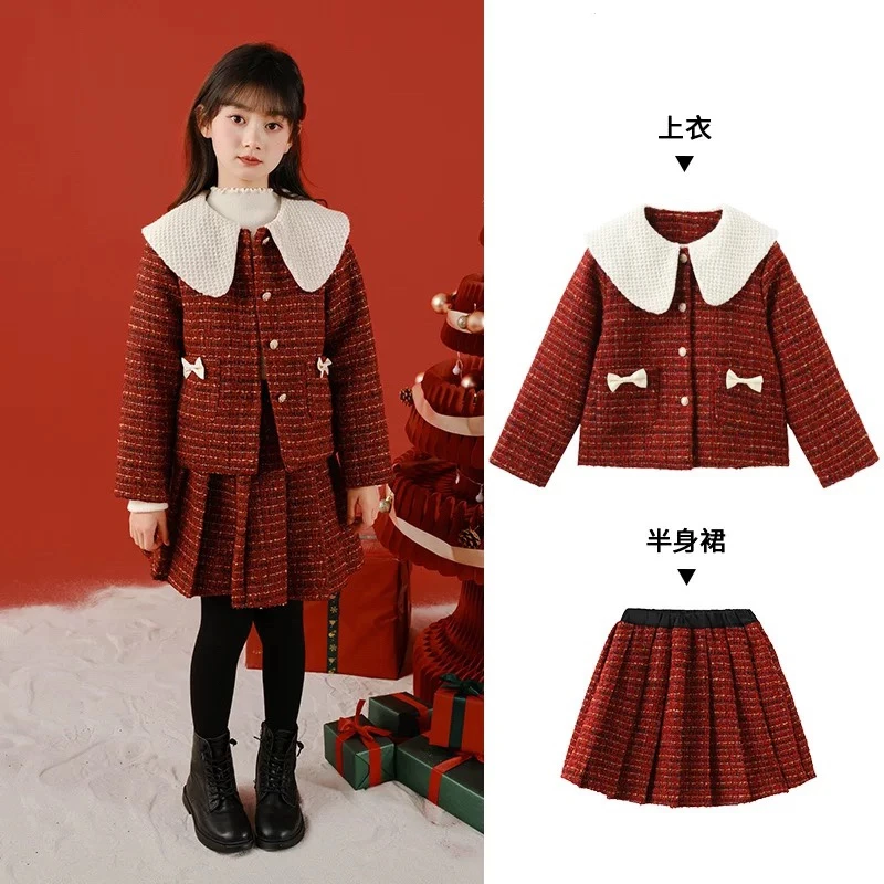 小泡芙 冬季女童新年娃娃领套装裙