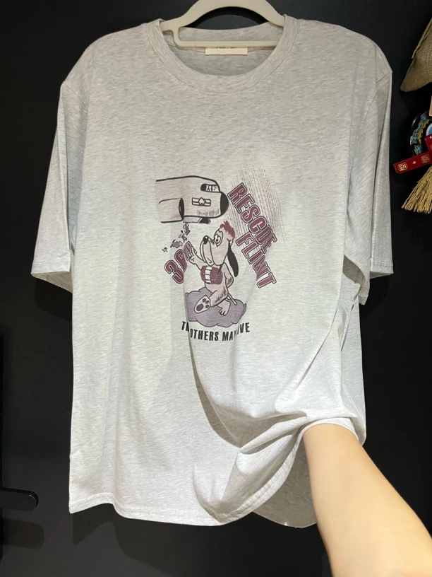 印花休闲大版型T恤灰色休闲卡通短袖夏季圆领纯棉百搭时尚男女