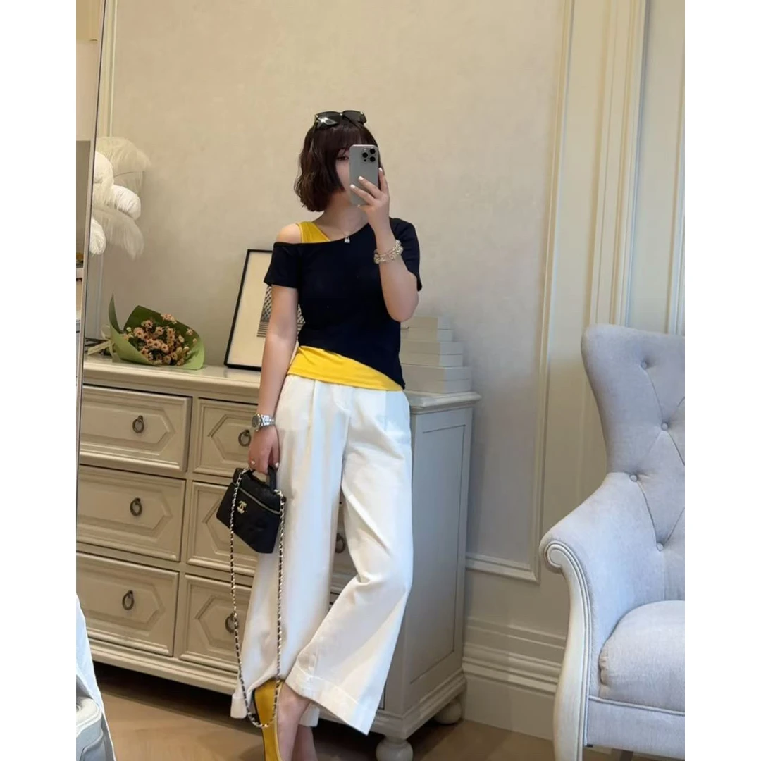 【斜领露肩T】夏季 U领露肩短上衣+宽肩带修身背心时尚两件套装