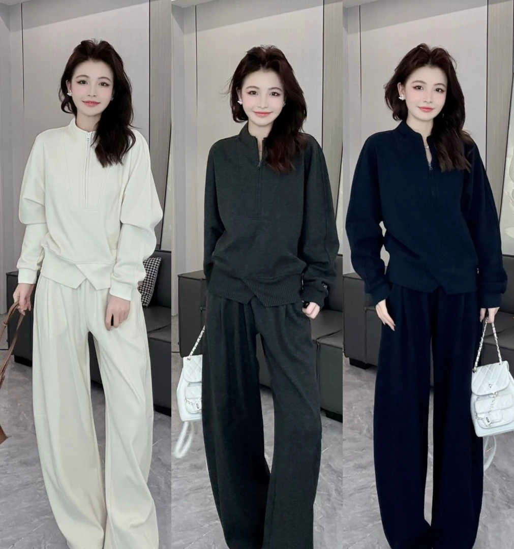 【加绒加厚】2025冬季新款半拉链休闲老钱风慵懒风卫衣两件套装