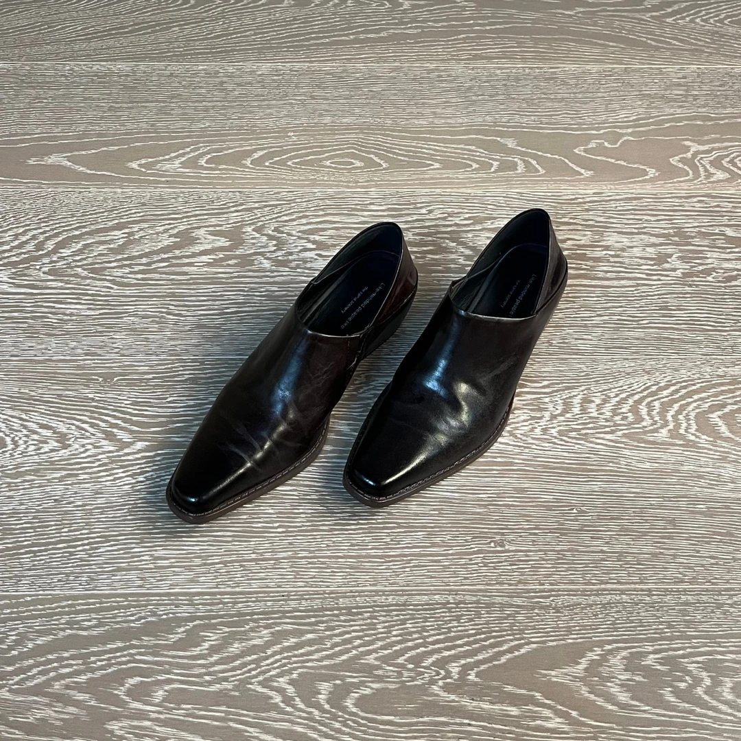 5CM水洗牛皮粗跟法式防滑秋季百搭春款深口一脚蹬单鞋胶粘水染鞋