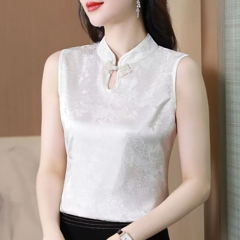 W26 夏季缎面立领旗袍背心上衣女修身显瘦复古盘扣内搭无袖外穿打