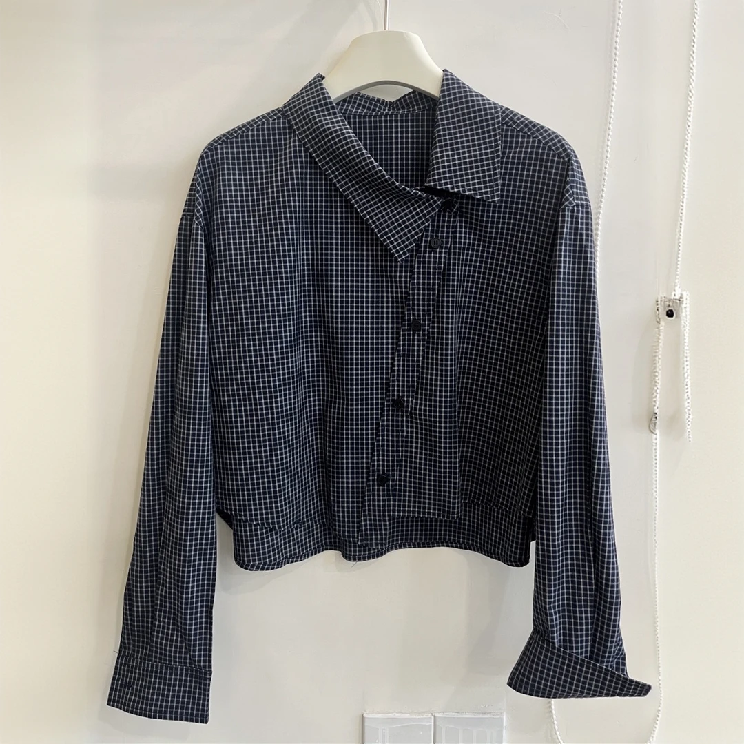 【格子衬衣】早春新款法式气质通勤风高级感藏青色条纹长袖衬衫