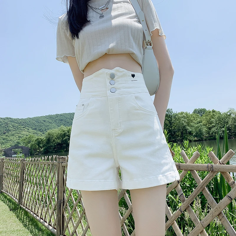 拉夏贝尔白色高腰牛仔短裤女夏天学生外穿设计感高腰显瘦A字热裤