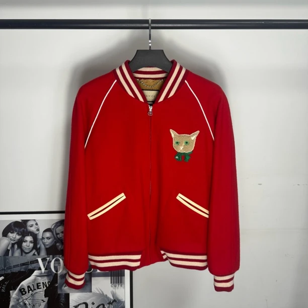 全新未使用 GUCCI/古驰 猫咪羊羔毛棒球夹克/50码