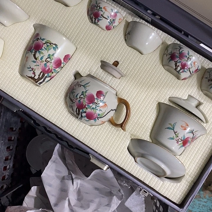 摆件陶汝瓷寿桃大套组