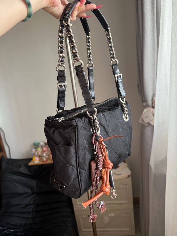 95新 Prada/普拉达 牙牙 尼龙皮穿链托特包