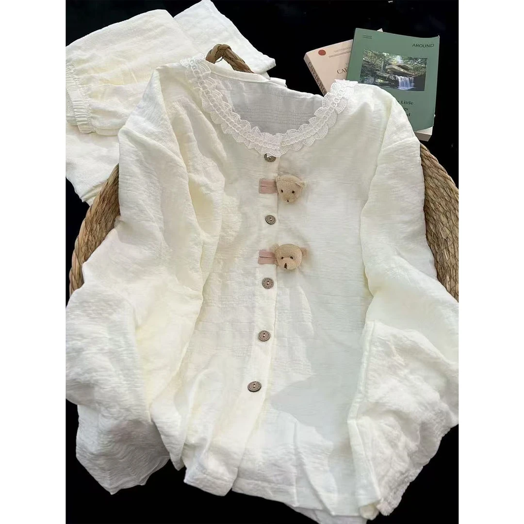 睡衣女长袖长裤杏色小熊花边开衫带胸垫春秋季云朵棉家居服两件套