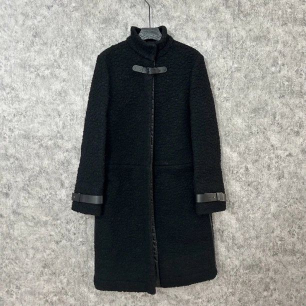 95新 Chloe/蔻依 黑色立领中长款毛毛外套