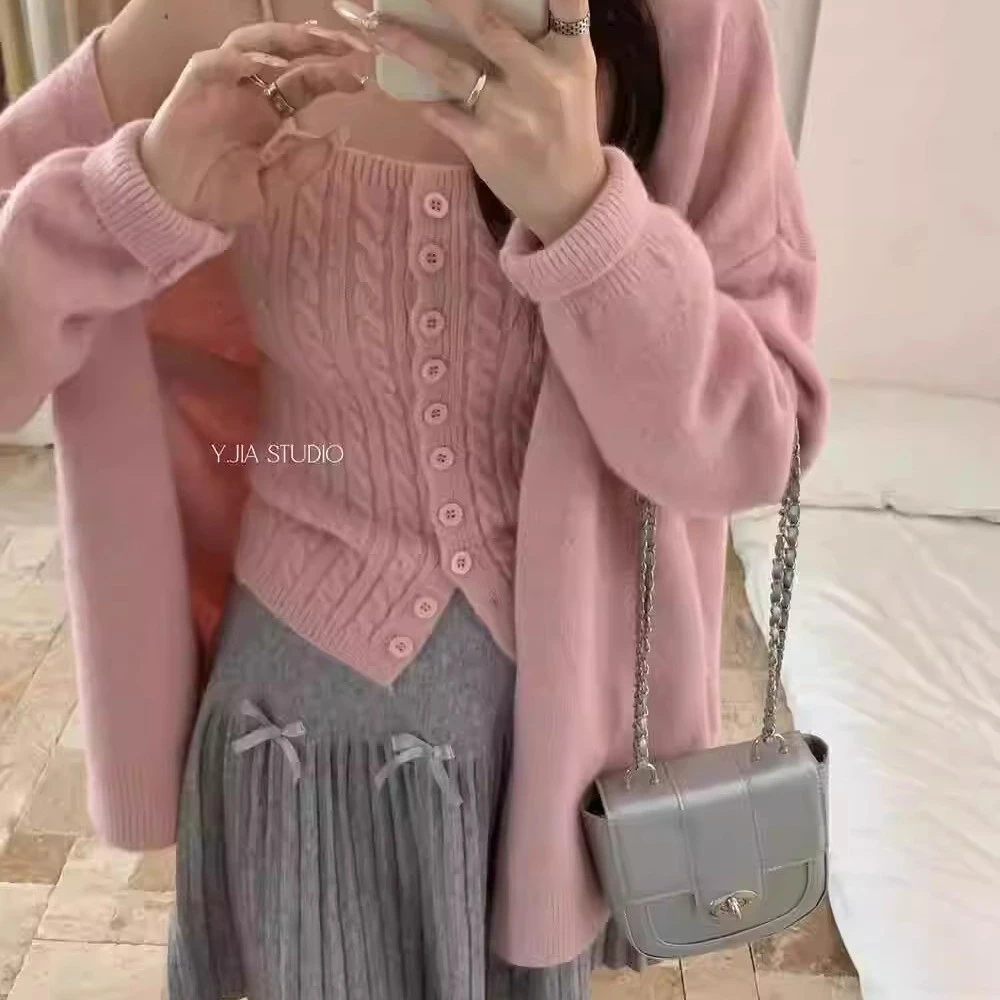 韩系慵懒风麻花针织背心+v领宽松简约纯色开衫外套两件套装女秋季