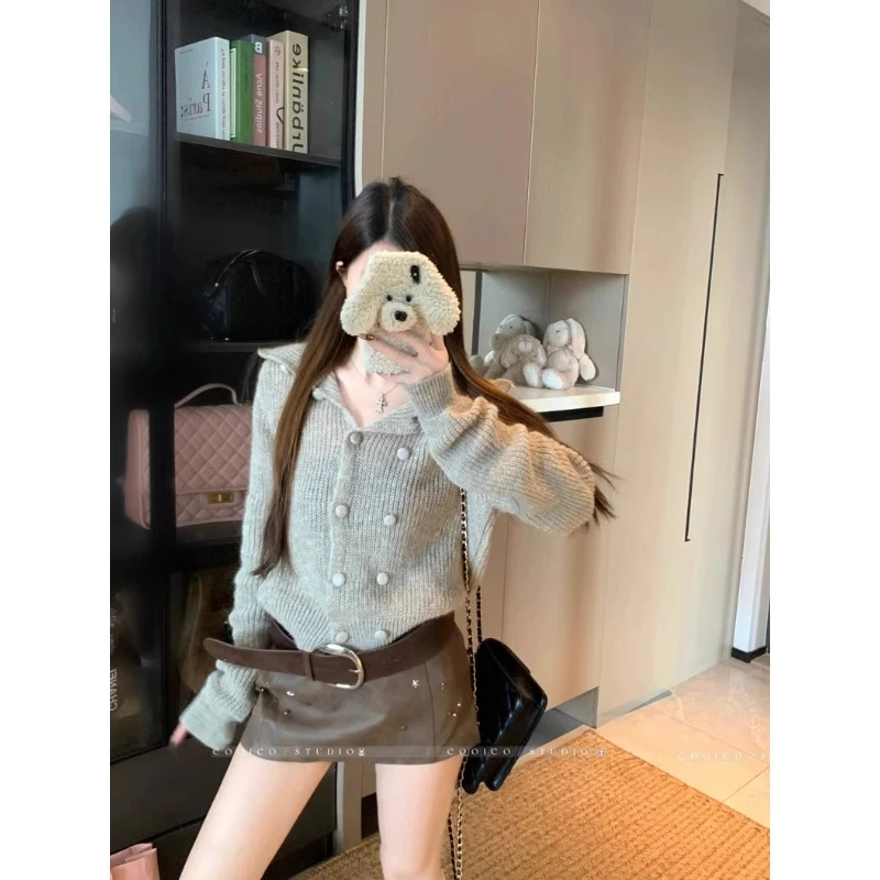 XQ3768#韩版小众复古灰色长袖翻领毛针织衫
