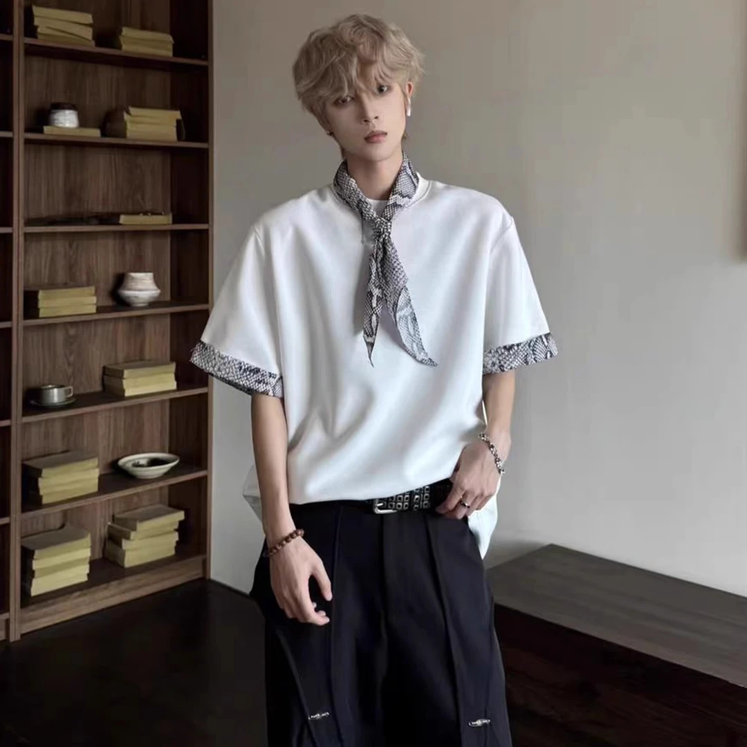 蛇纹卷边拼接t恤男款夏季小众丝巾设计感短袖美式高级感垫肩半袖