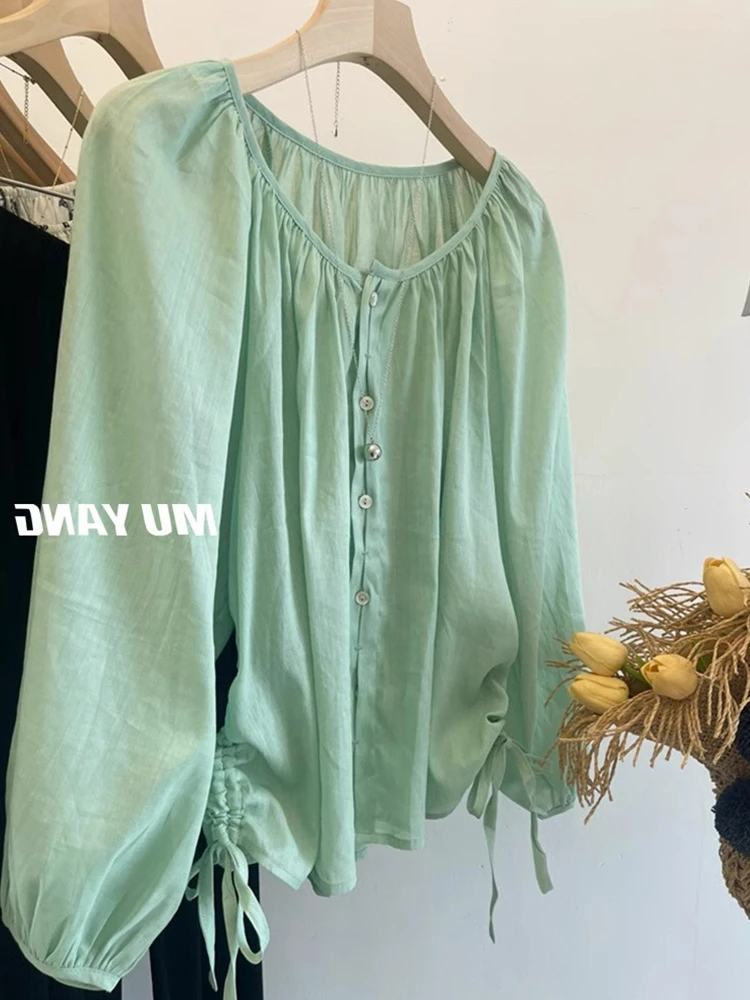 小清新时尚双侧抽绳贝壳扣设计感防晒衬衣舒适百搭上衣圆领罩衫女