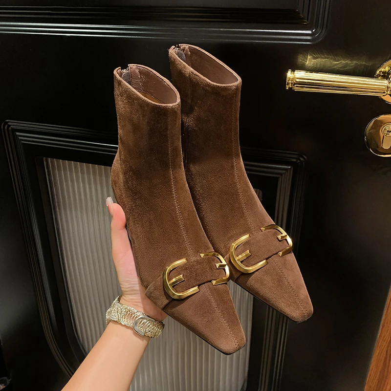 亚奇纳YAQINA方头猫跟金属扣后拉链矮靴