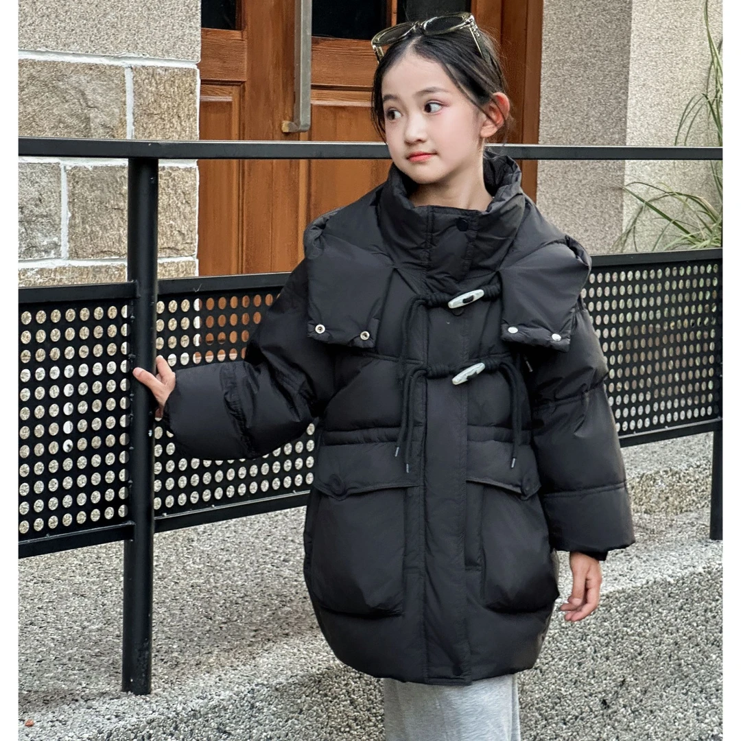 现【牛角扣】新款冬季女童中长款韩版中大童防寒服防风帽檐保暖外套