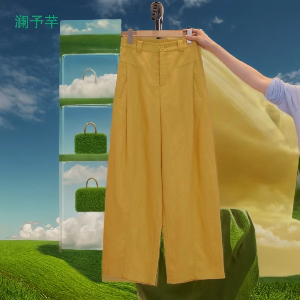 夏季新款2025天丝亚麻高腰后松紧黄色休闲阔腿风琴裤凉爽女薄