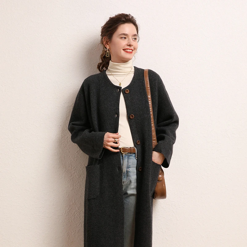 保暖女装圆领中长款百搭外套毛呢外套厚款秋冬