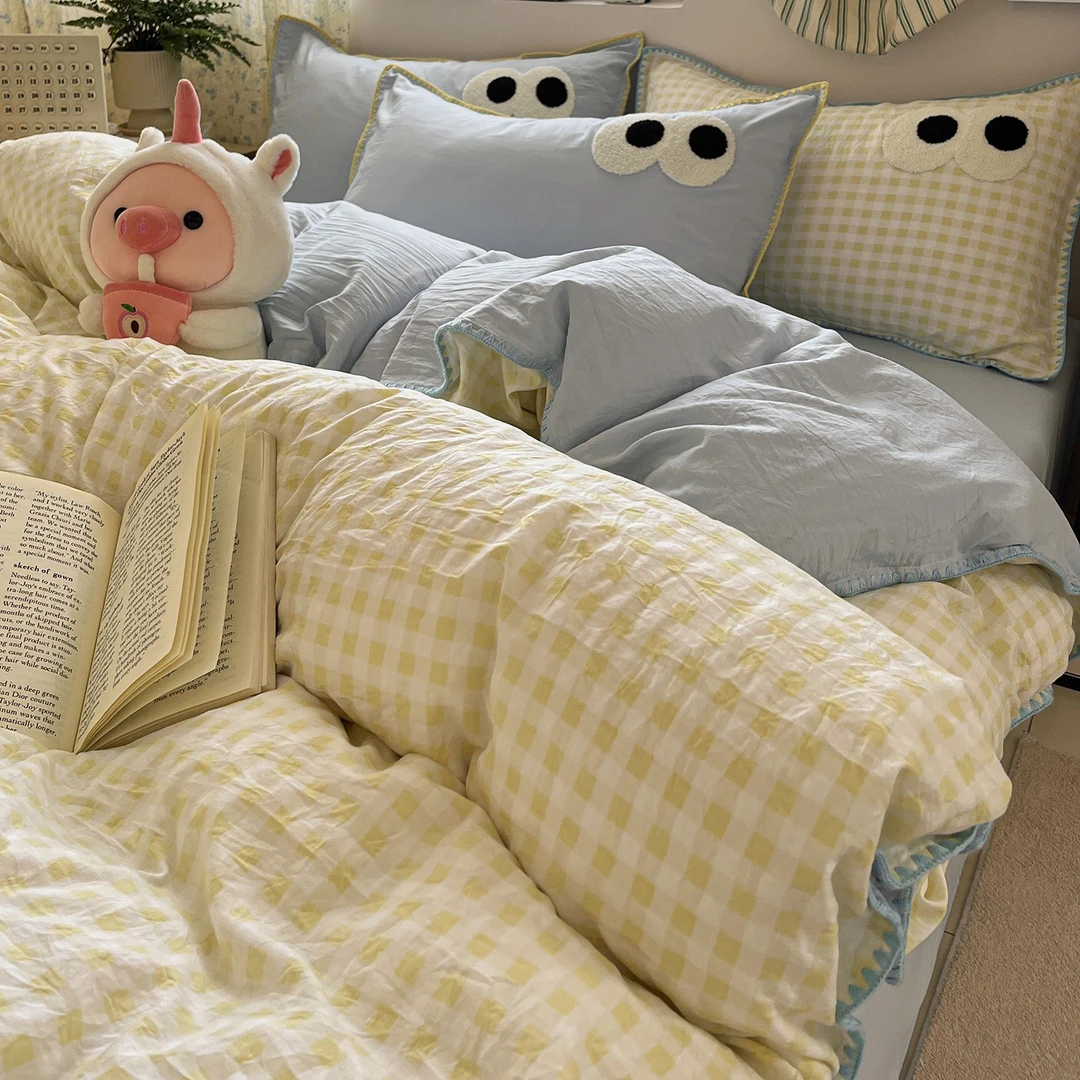 奶油风水洗棉床上四件套毛巾绣床品女生宿舍床单人被套三件套床笠