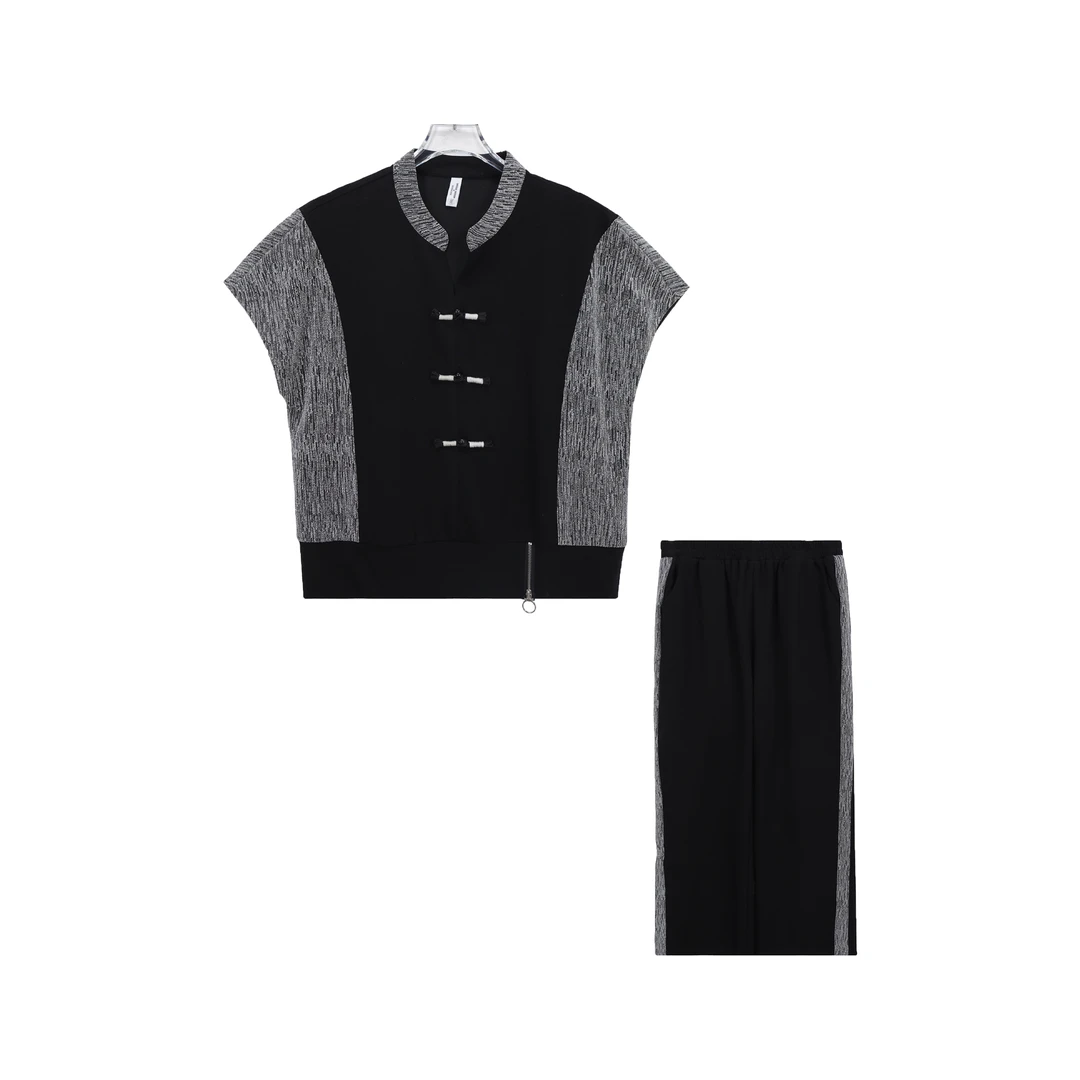 高级感新中式盘扣短袖阔腿长裤休闲套装S1771