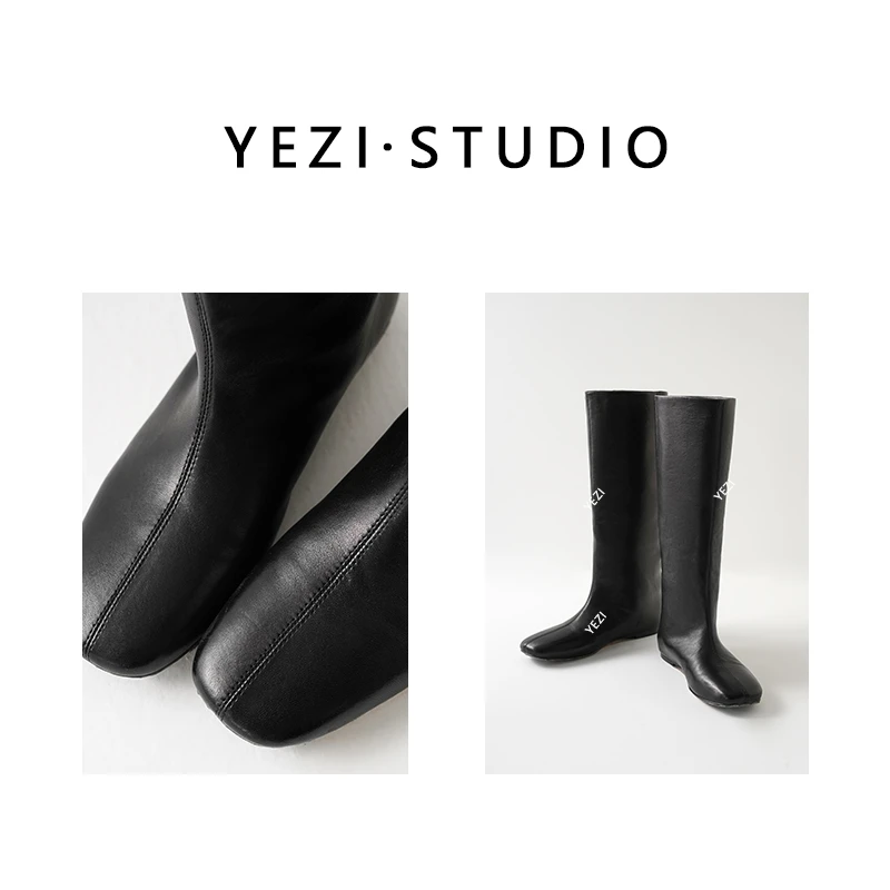 【黑巧骑士】牛皮面羊皮里真皮大底平跟分割线长筒骑士靴25449011