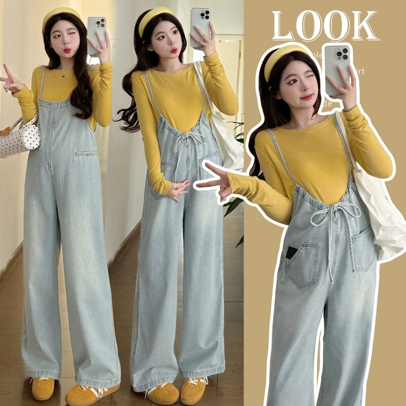 孕妈新款早春新款牛仔背带裤休闲宽松连体两件套套装