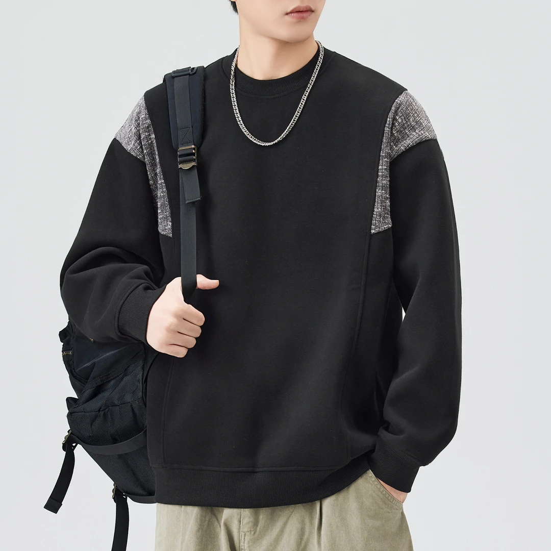 美式复古拼接圆领卫衣男秋季新款潮牌重磅宽松休闲痞帅长袖上衣男