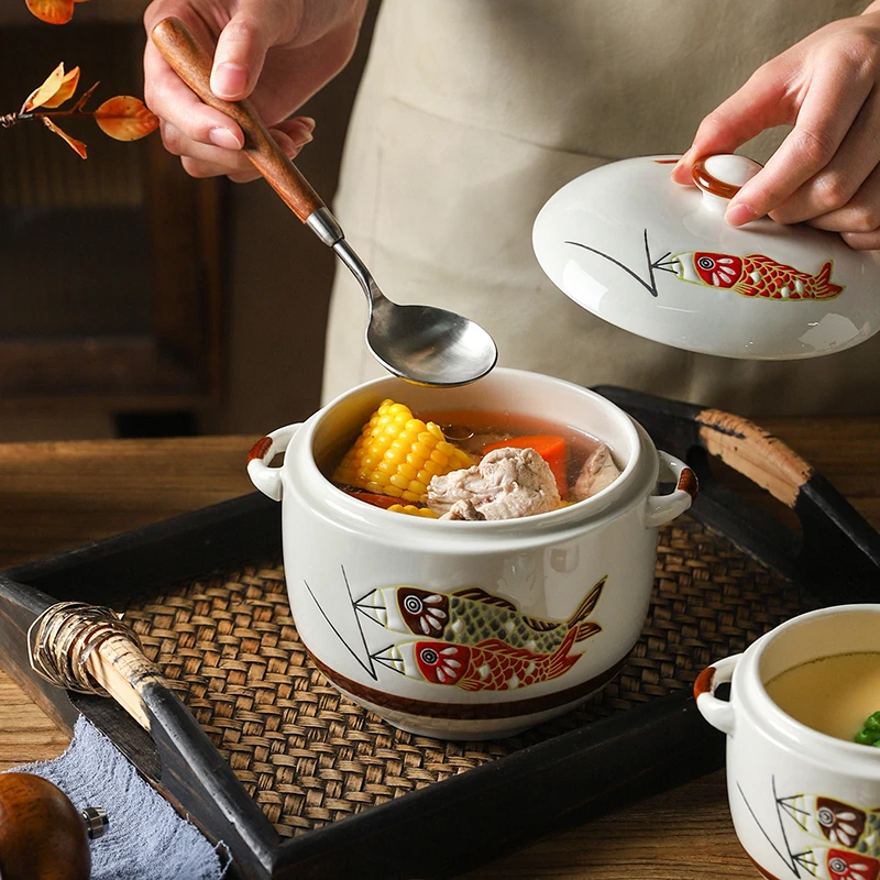 舍里陶瓷炖盅家用隔水炖排骨汤养生汤创意釉下彩燕窝盅双耳煲汤盅