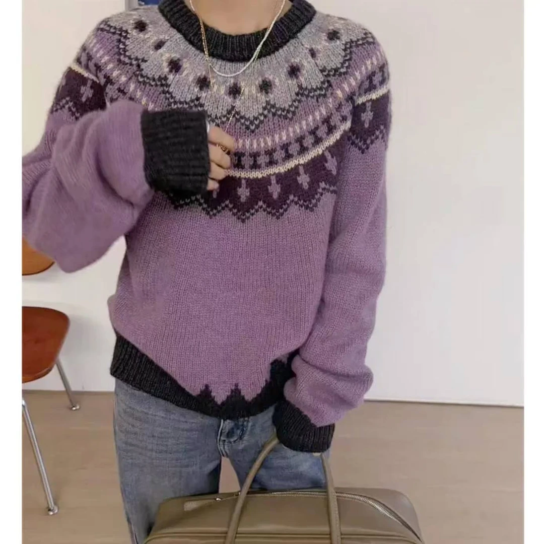 【费尔岛花边波浪】韩系慵懒风复古费尔岛重工提花针织秋冬套头1143