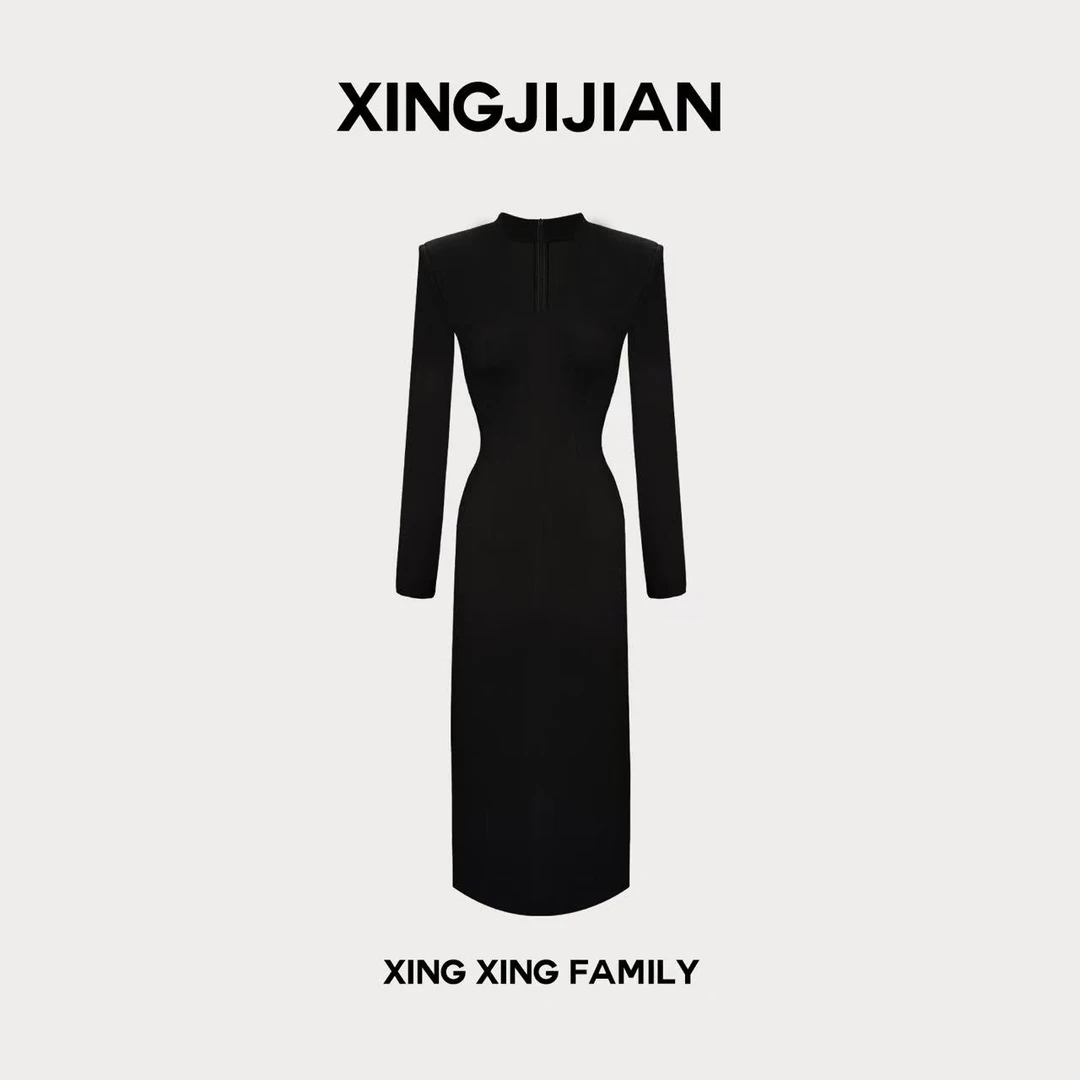 XINGXING 静奢时光 秋季黑色修身显瘦气质长袖轻奢收腰设计连衣裙