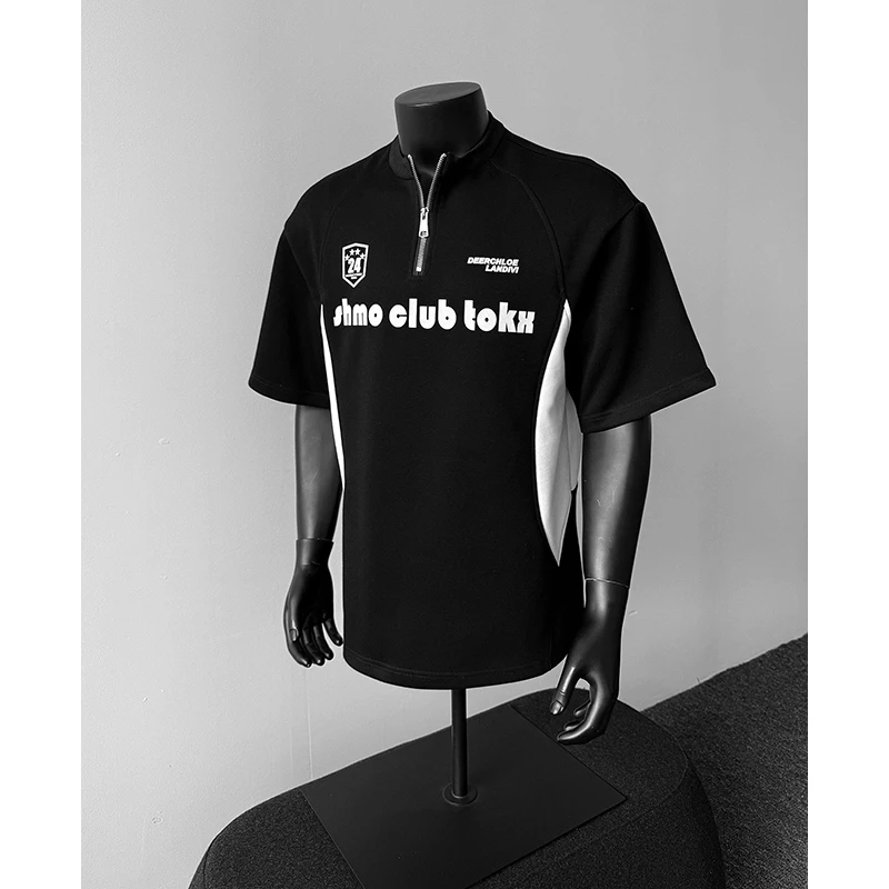 美式高街半拉链短袖polo衫男款夏季复古球衣风t恤正肩重磅半截袖