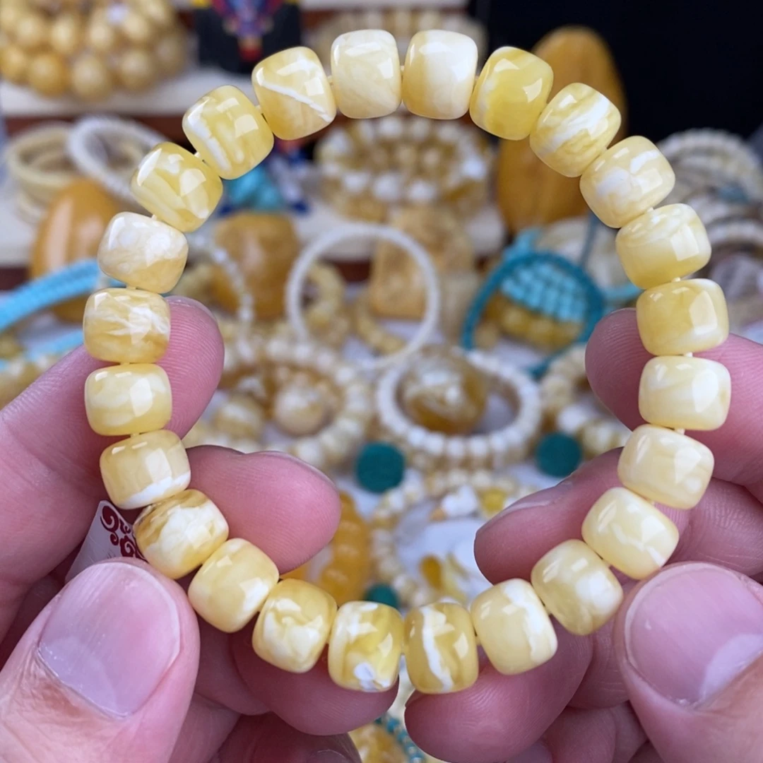 蜜蜡未镶嵌手链瓷白细纹虎皮纹10mm
