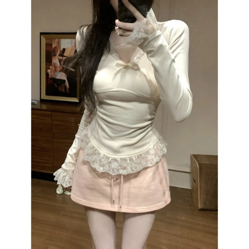 （氧气初恋）纯欲风微辣上衣修身蕾丝拼接蝴蝶结领长袖打底衫