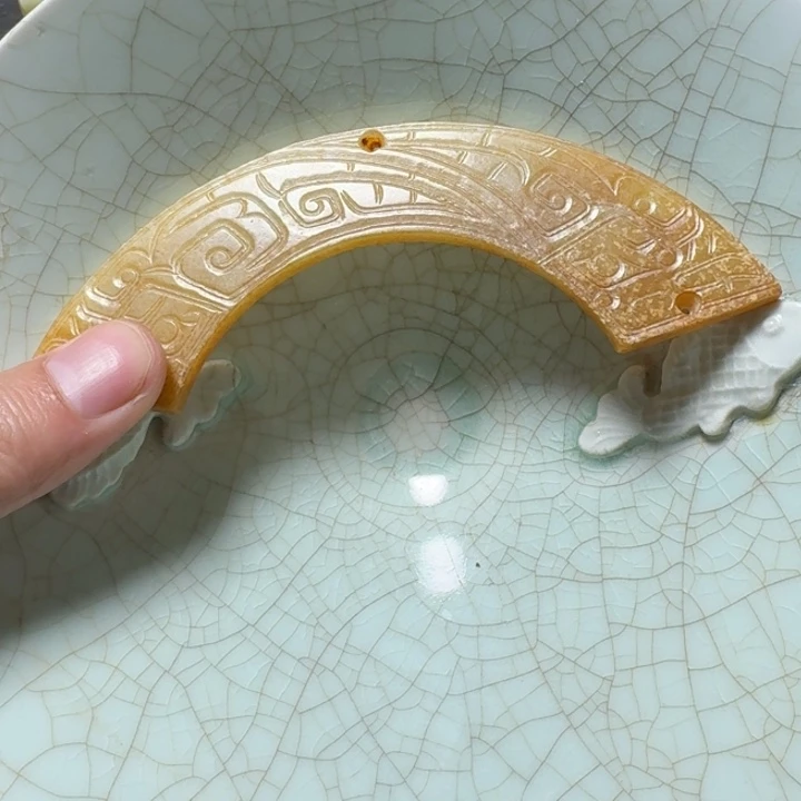 古***月瓷片双鱼青瓷开片大碗