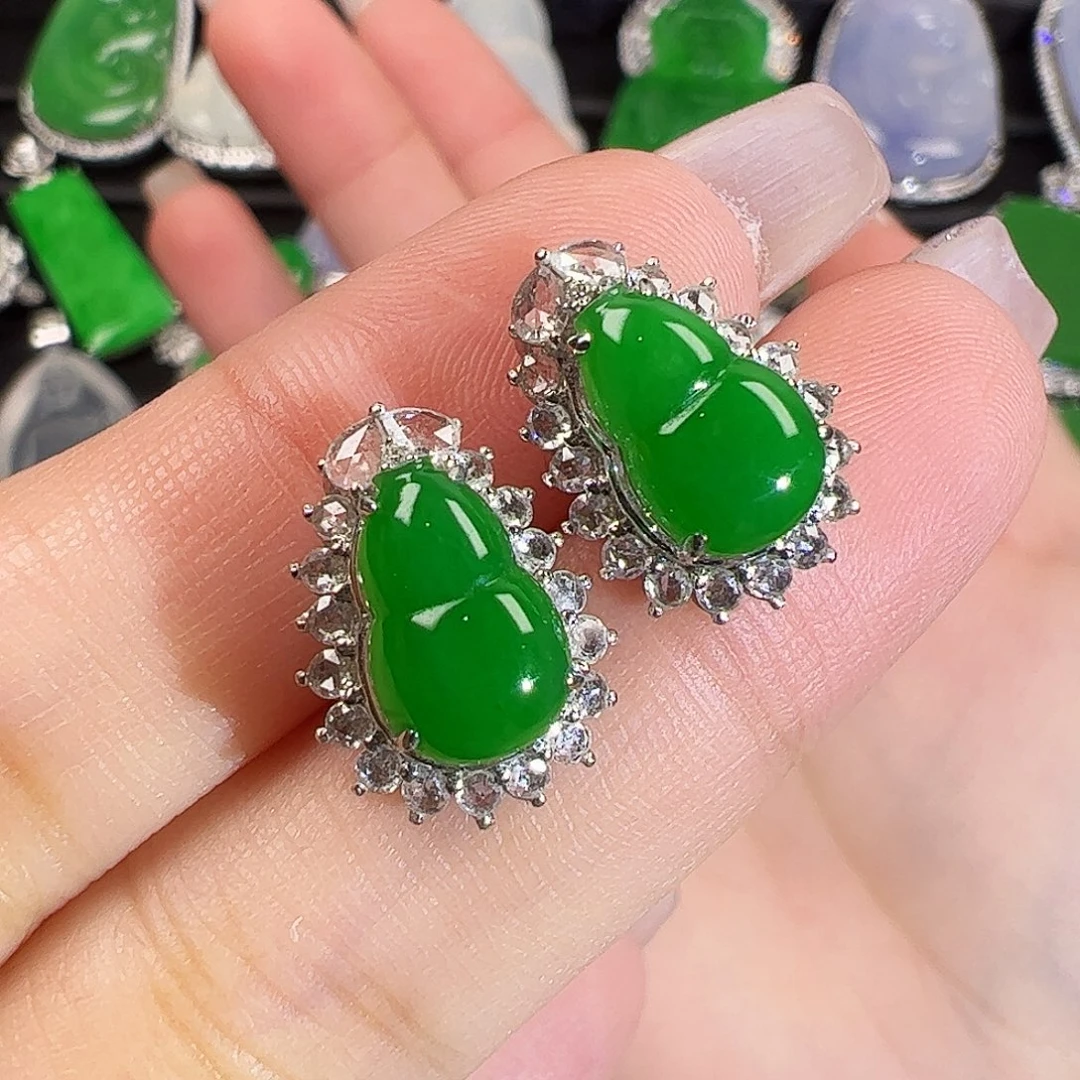 翡翠耳饰18K金镶嵌葫芦