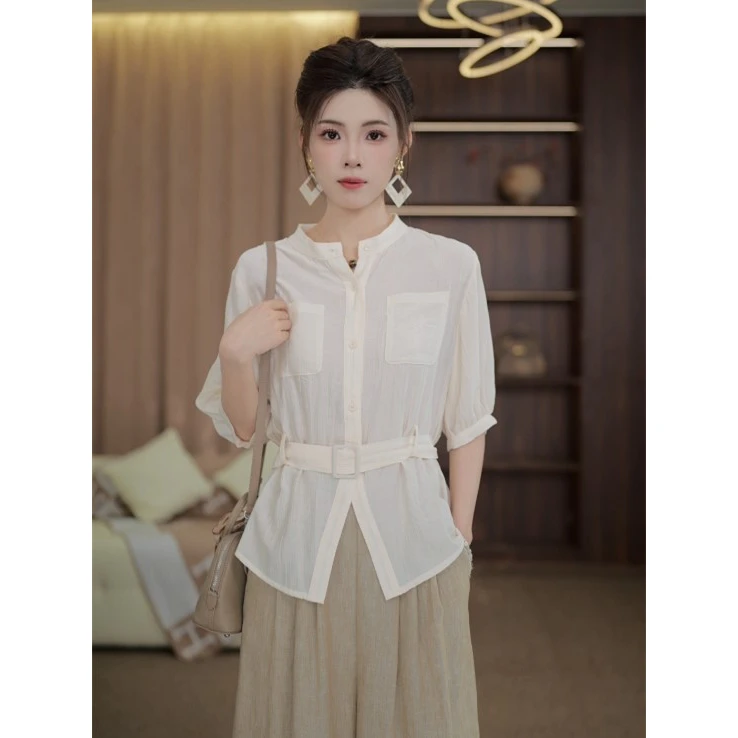 TITI定制【山茶栀意】轻奢气质设计感收腰显瘦短袖衬衫TL3903357