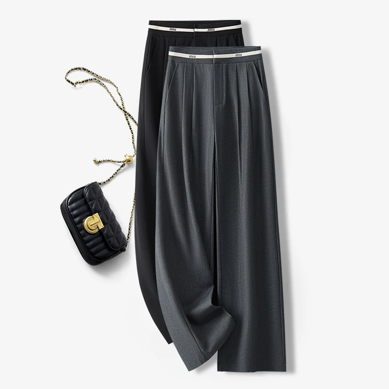 拉夏贝尔灰色西装阔腿裤女春秋2025新款今年流行的气质拖地直筒裤