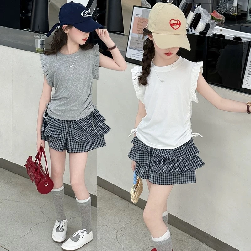 女童装夏季时髦洋气T恤中大童女孩收腰飞袖T恤格子短裤裙两件套薄