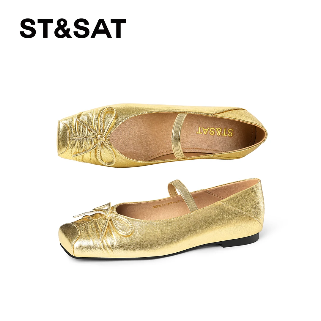 St&Sat/星期六蝴蝶结方头百搭时尚玛丽珍鞋浅口低跟真皮单鞋