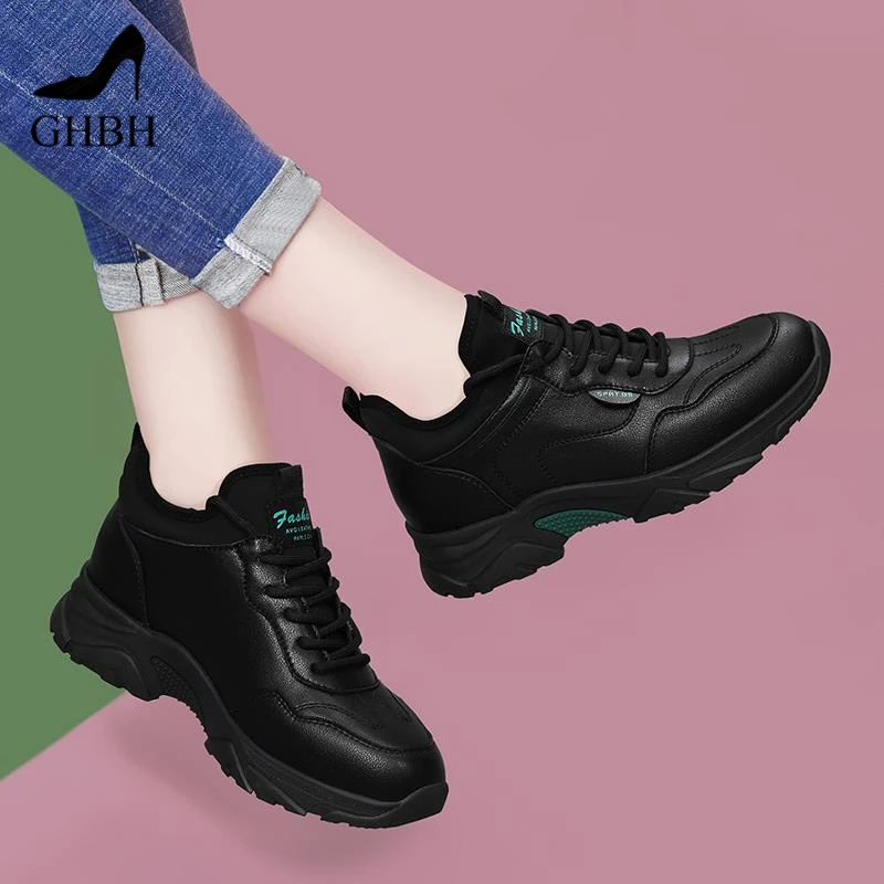 不累脚厚底老爹鞋~2025新款百搭舒适轻便显瘦黑色高帮软底运动鞋