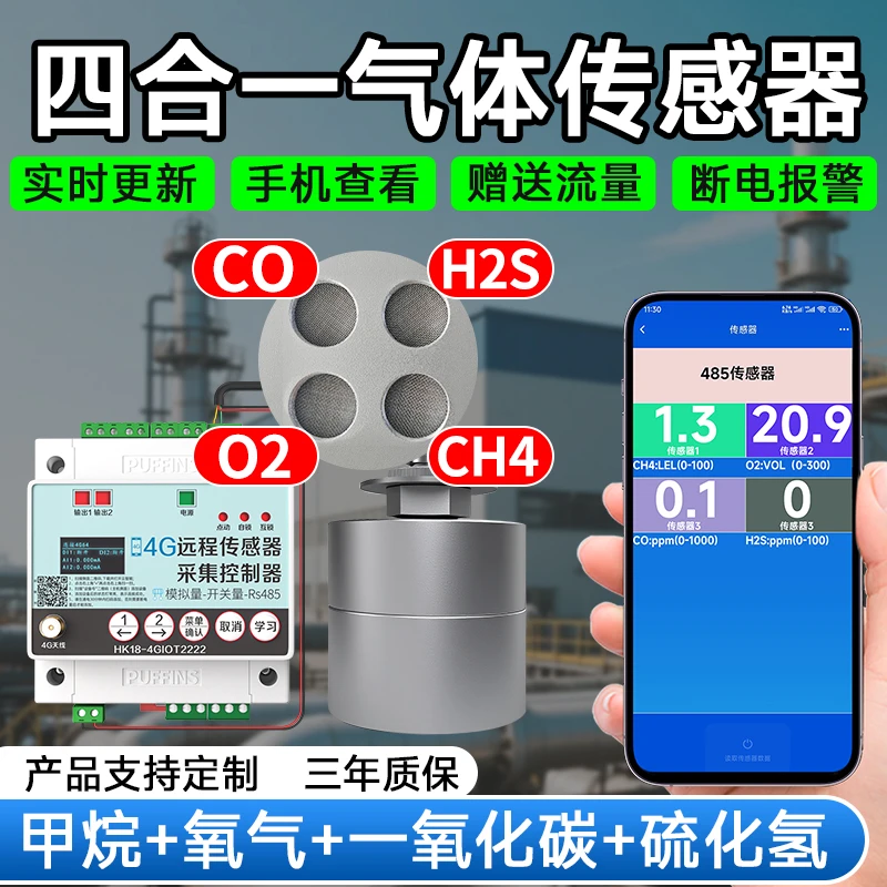 4G甲烷氧气一氧化碳硫化氢气体采集控制器空气质量采集开关四合一