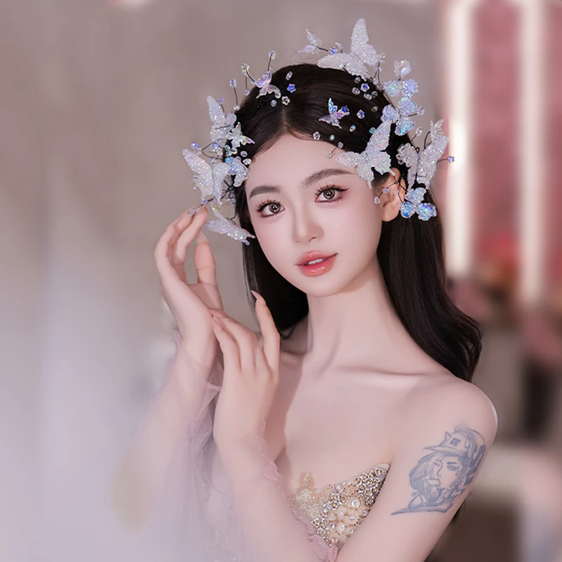 非金属树脂婚庆饰品 新娘韩式超仙水晶蝴蝶发饰婚纱晨袍配饰G0194