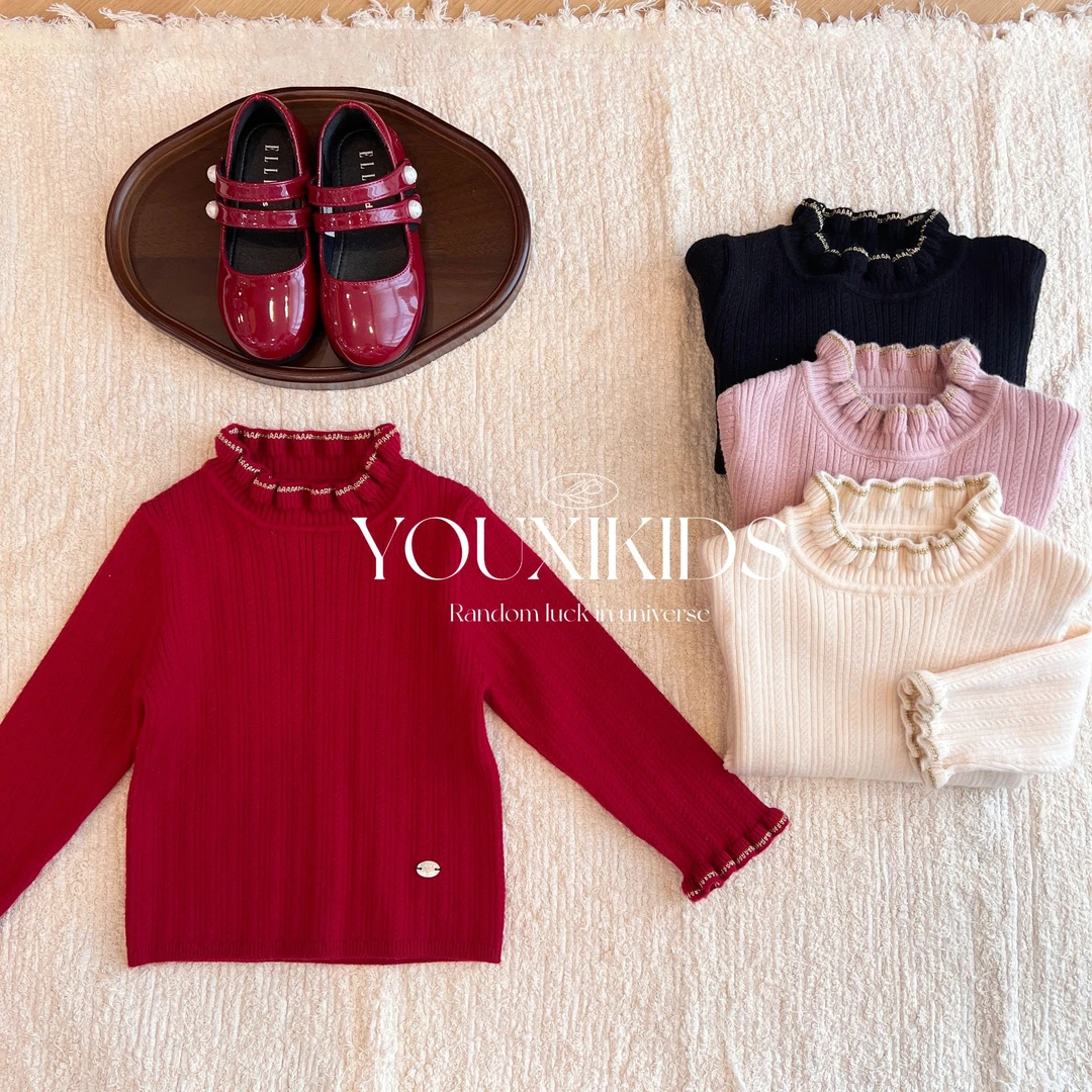 现飞飞家暖阳漫步25新女童毛衣花边金丝纯色针织韩版针织衫FF2846