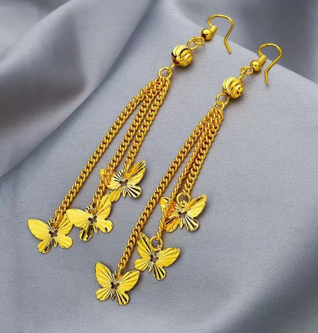 铜合金耳饰 高定精工K黄长款流苏耳环