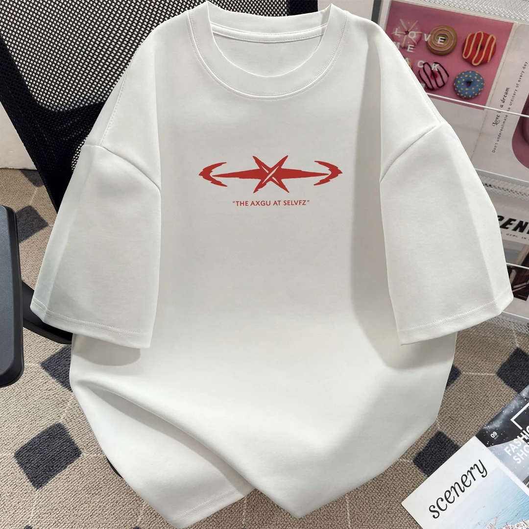 休闲潮流复古印花套头上衣美式高街2025夏季新款宽松重磅T恤男女