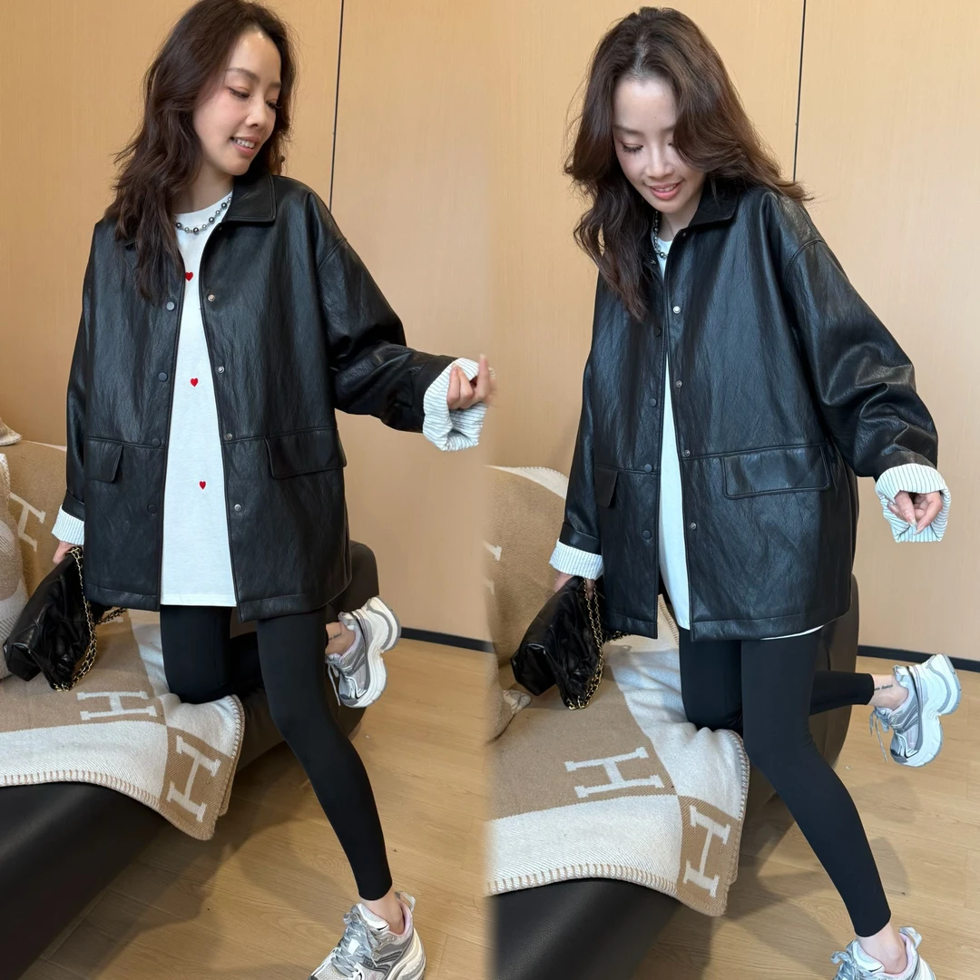 二姐的宝藏2025韩版设计感撞色袖口港风宽松显瘦皮衣外套#25005
